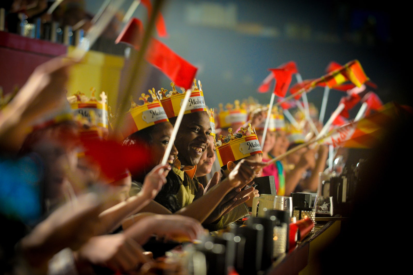 A group of people cheer from their seats and wave their banners at the start of the tournament.